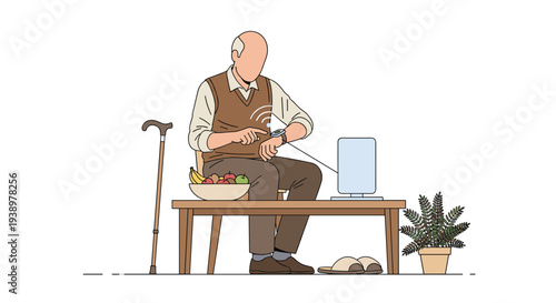 An elderly man in a vest sits on a bench next to a walking cane and a bowl of fruit, using a smartwatch connected to a nearby screen.