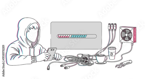 A person in a hoodie uses a smartphone at a desk cluttered with computer parts and cables, with a loading bar on a screen in the background.