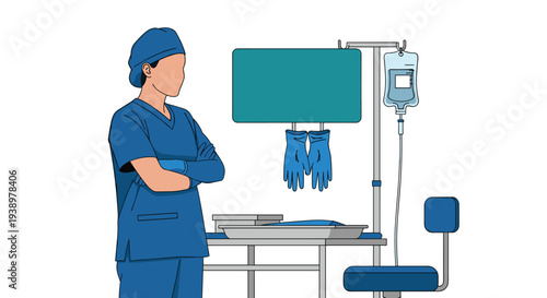 A female surgeon in blue scrubs stands with her arms crossed, observing a blank monitor next to a medical trolley with an IV drip and surgical gloves.