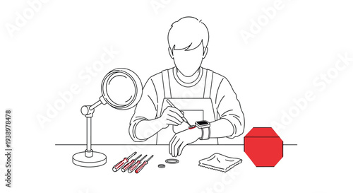 A watchmaker wearing an apron meticulously repairs a smartwatch at a workbench using tweezers, surrounded by tools and a magnifying lamp.