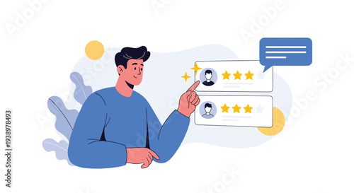 Male character reviewing customer feedback and star ratings of different profiles representing quality control and evaluation process.