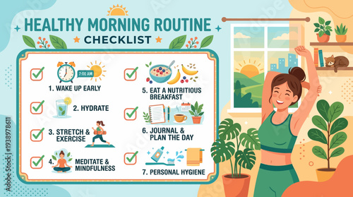 Woman following healthy morning routine checklist for wellness