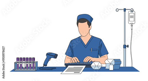A medical technician in blue scrubs works at a laboratory desk, typing data with test tubes and an IV stand nearby.