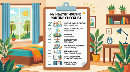 Healthy morning routine checklist on a clipboard in a cozy bedroom