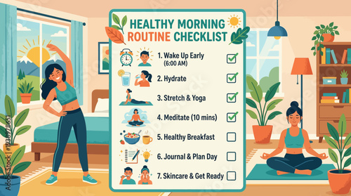 Woman following healthy morning routine with checklist
