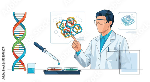 A scientist in a lab coat analyzes a holographic molecular structure while conducting an experiment with a dropper and petri dishes.