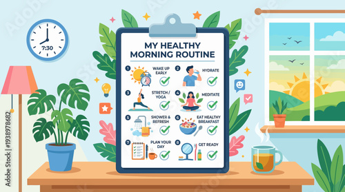 Healthy morning routine checklist on clipboard with green leaves