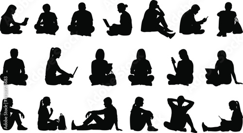  silhouettes of people in various sitting positions and poses on white background