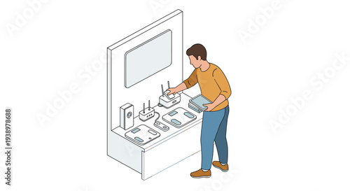 A man shops for home electronics, examining a Wi-Fi router on a store shelf display with digital scales and other gadgets.