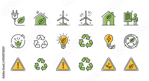 Comprehensive set of ecology and renewable energy icons including wind turbines, recycling symbols, and green houses for sustainability.