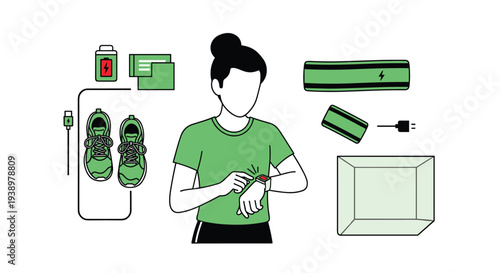 A woman checks her smartwatch surrounded by various wearable technology and fitness gadgets like charging sneakers and a power bank.