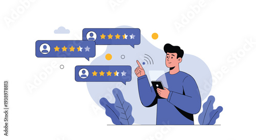 Male user browsing through customer star ratings on his mobile device reflecting on product quality and service feedback alerts.