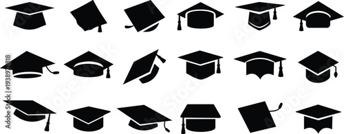 Graduation cap vector set collection group with mortarboard hat icons, academic education ceremony symbol isolated on transparent background, outline silhouette editable design