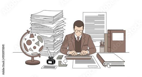 A man in glasses and a suit types at a cluttered desk with a large stack of papers, a globe, and an inkwell.