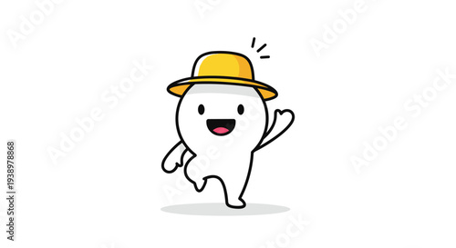 Cute white blob character wearing a yellow sun hat and waving happily representing a friendly and positive greeting for friends.