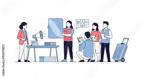 A group of activists or journalists gathers for a press conference, with one woman holding a megaphone and another a blank sign.