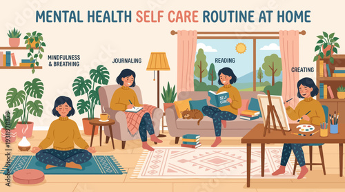 Woman practices self-care at home with mindfulness and creativity