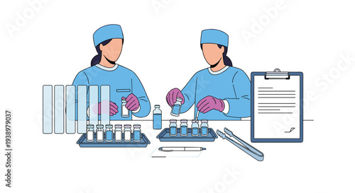 Two scientists in full scrubs and gloves carefully prepare vaccine samples, filling vials at a sterile laboratory workstation.