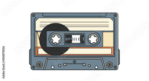 Detailed illustration of a vintage analog audio cassette tape representing retro music culture and nostalgic technology from the past.