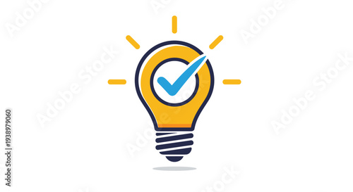 Creative idea lightbulb icon with a successful completion checkmark representing validated solutions and innovative thoughts.