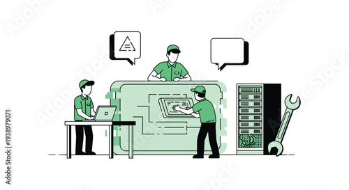 A team of three IT technicians in green uniforms collaborates to maintain and repair a large computer server system.