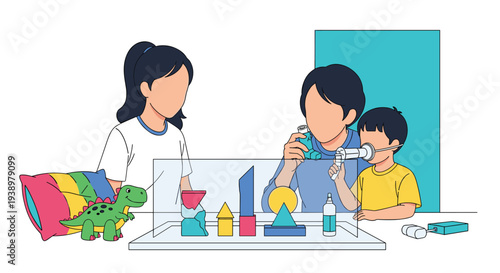 A child with asthma receives help from a parent to use an inhaler and spacer, with another family member and toys nearby.