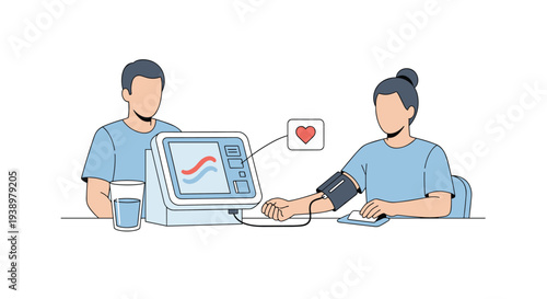 A healthcare professional measures a female patient's blood pressure using a digital monitor during a routine medical check-up.