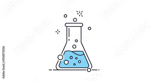 Laboratory erlenmeyer flask containing bubbling blue liquid representing scientific research, chemistry experiments, and medicine.