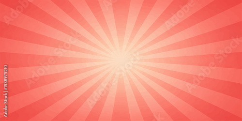 An abstract red sunburst background features a vintage radial pattern of orange and yellow light rays in a vector art illustration designed with a retro summer star burst texture