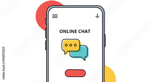 Smartphone interface showing an online chat application with colorful speech bubbles on a white screen with red and yellow accents.