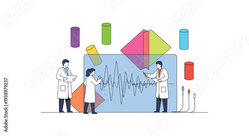 A team of three scientists in a laboratory collaborates on analyzing a complex data waveform displayed on a large futuristic screen.