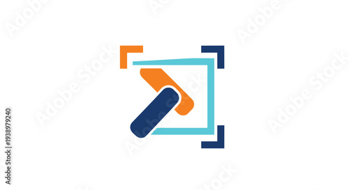 Abstract geometric logo design featuring dark blue and orange shapes within a light blue square border on a plain white background.
