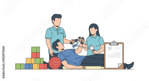 A patient undergoes a physical therapy session, performing dumbbell exercises with the assistance of two professional therapists in a clinic.