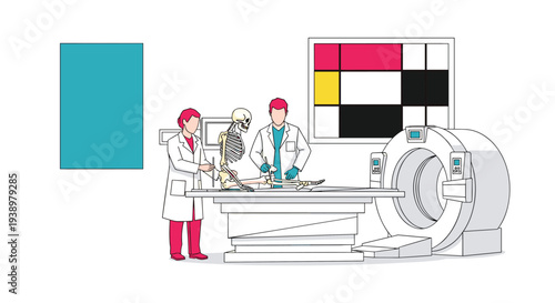 Two radiologists in a hospital room prepare a human skeleton for a diagnostic scan using an advanced MRI or CT machine.