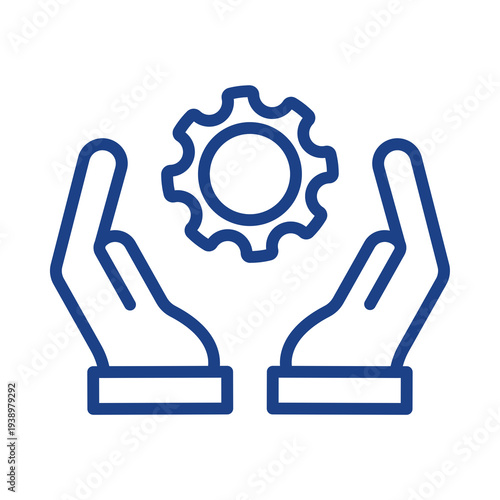 Blue icon of hands holding a gear isolated on transparent background