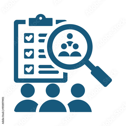 Blue icon of clipboard with people and magnifying glass isolated on transparent background
