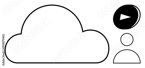 Cloud computing, media streaming, user interaction, digital services, online storage, data access. Outline of cloud, play button icon and user figure. Cloud computing and media streaming concept