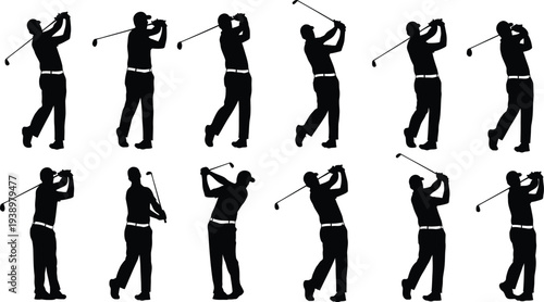 Golf swing motion sequence silhouette illustrations