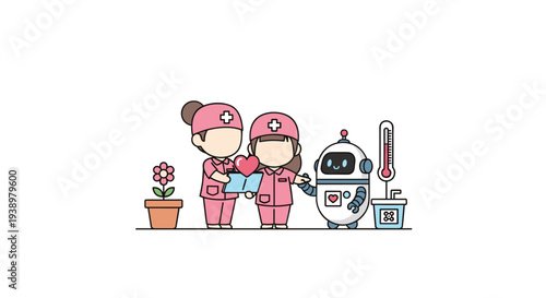 Two cute cartoon nurses in pink uniforms stand with a friendly medical assistant robot, a thermometer, and a potted flower.