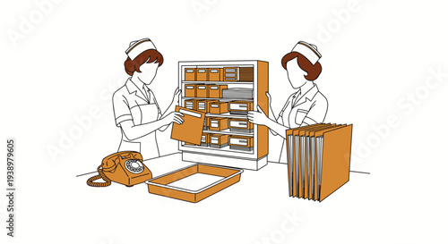 Two nurses in retro 1950s uniforms are organizing patient records from a filing cabinet in a vintage medical office.
