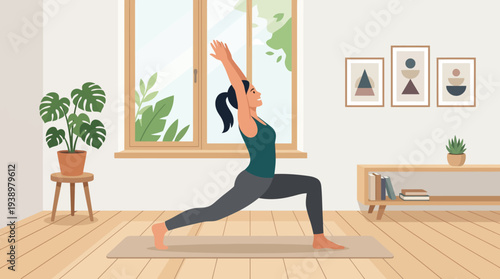 Woman practicing yoga in serene modern home interior