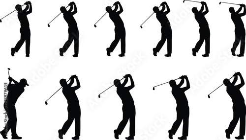 Golf swing motion sequence silhouette illustrations