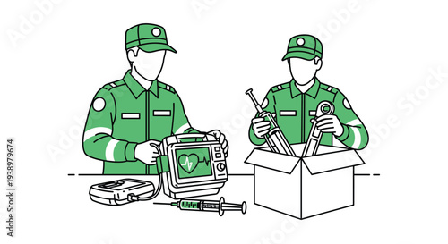 Two paramedics in green uniforms are sorting emergency medical equipment, including a defibrillator and syringes, from a box.