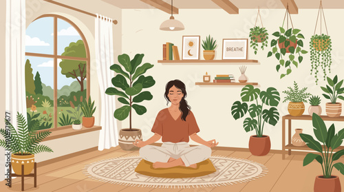 Serene woman meditating in peaceful indoor garden sanctuary