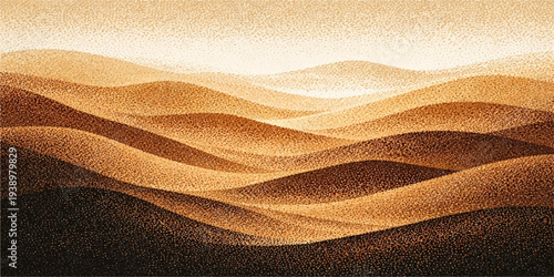 A vast desert landscape features golden dunes with ripples of sand under a cloudy sunset sky, creating a natural abstract pattern of dry heat and travel