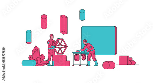 Two workers in futuristic uniforms collaborate to assemble large pink and teal geometric shapes in an abstract, minimalist environment.