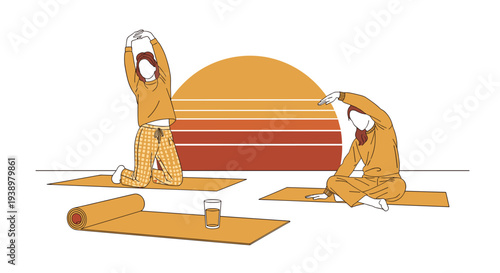 Two women in cozy pajamas perform stretching and yoga poses on mats in front of a large, stylized graphic of a beautiful setting sun.