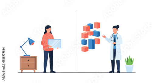 A split-screen illustration depicts a female patient at home with a laptop and a male doctor explaining a concept with floating cubes.