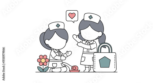 Two cute cartoon nurses in uniform provide care, with one tending to a small snail and the other standing by with a medical bag.