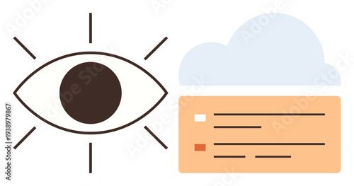 Data privacy, vision, cloud storage, technology, analytics, digital security. Eye graphic with rays beside a cloud and data lines. Vision and cloud storage concept for digital services